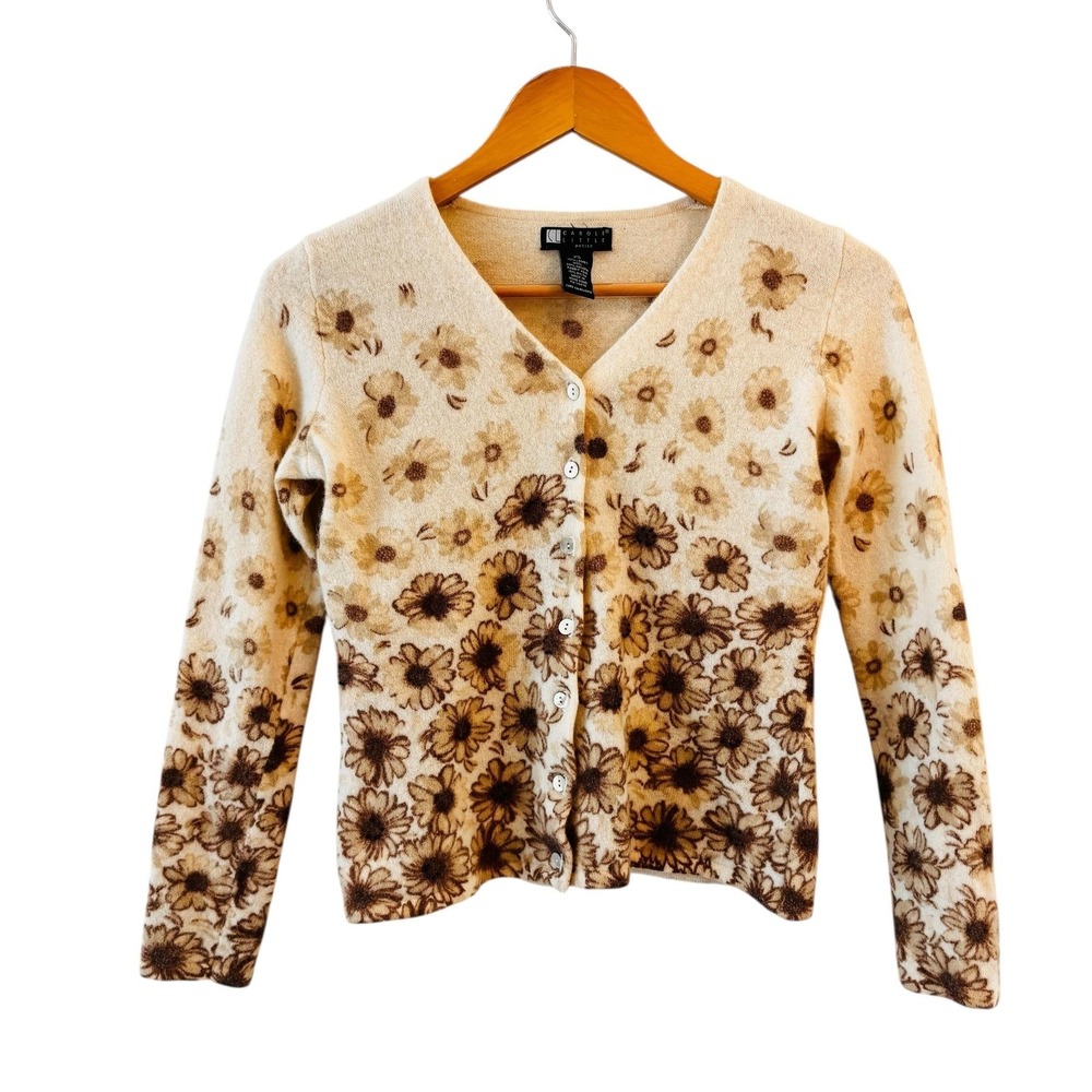 Carole Little Womens Floral Angora Wool Cardigan Sweater Size SP Quiet Luxury‎